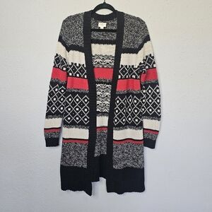 St Johns Bay Cardigan Womens Large Black Red White Open Long Duster Knit Striped
